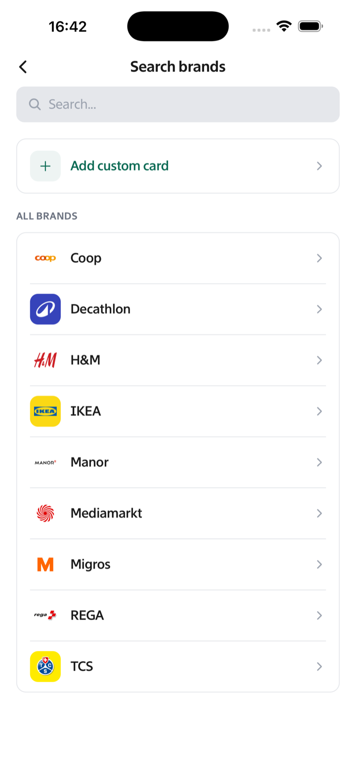 Adding a loyalty card in the Loyable app by searching supported Swiss brands