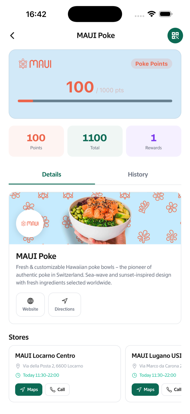 A brand's loyalty program in the Loyable app, showing points earned, rewards and store details